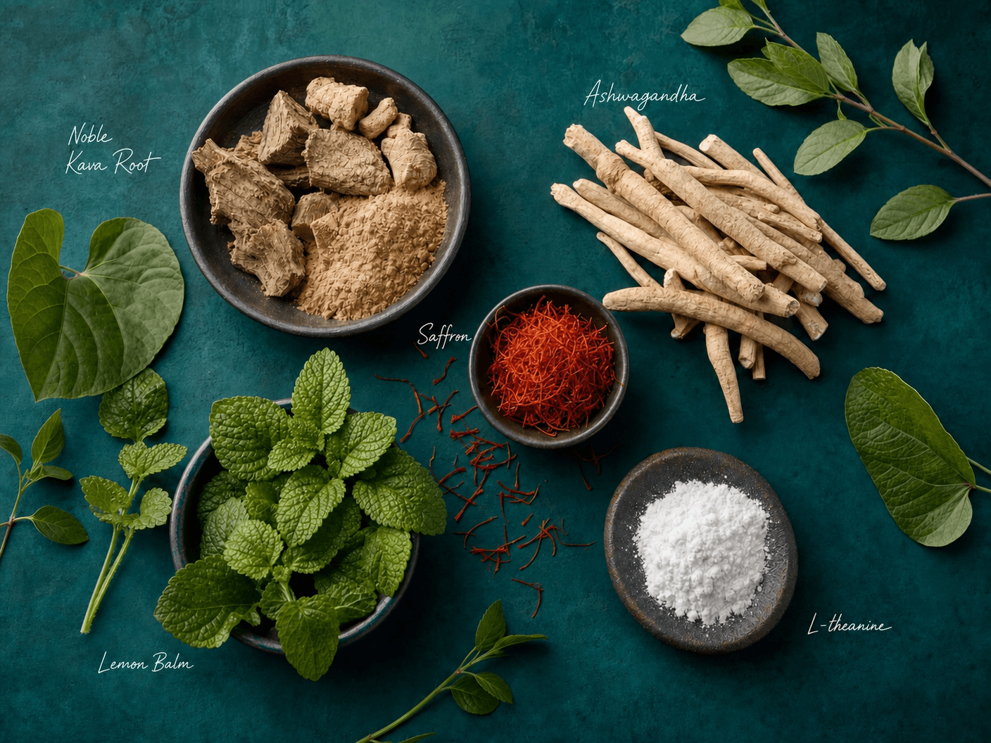 Noble kava root, ashwagandha, saffron and lemon balm on a teal flat-lay